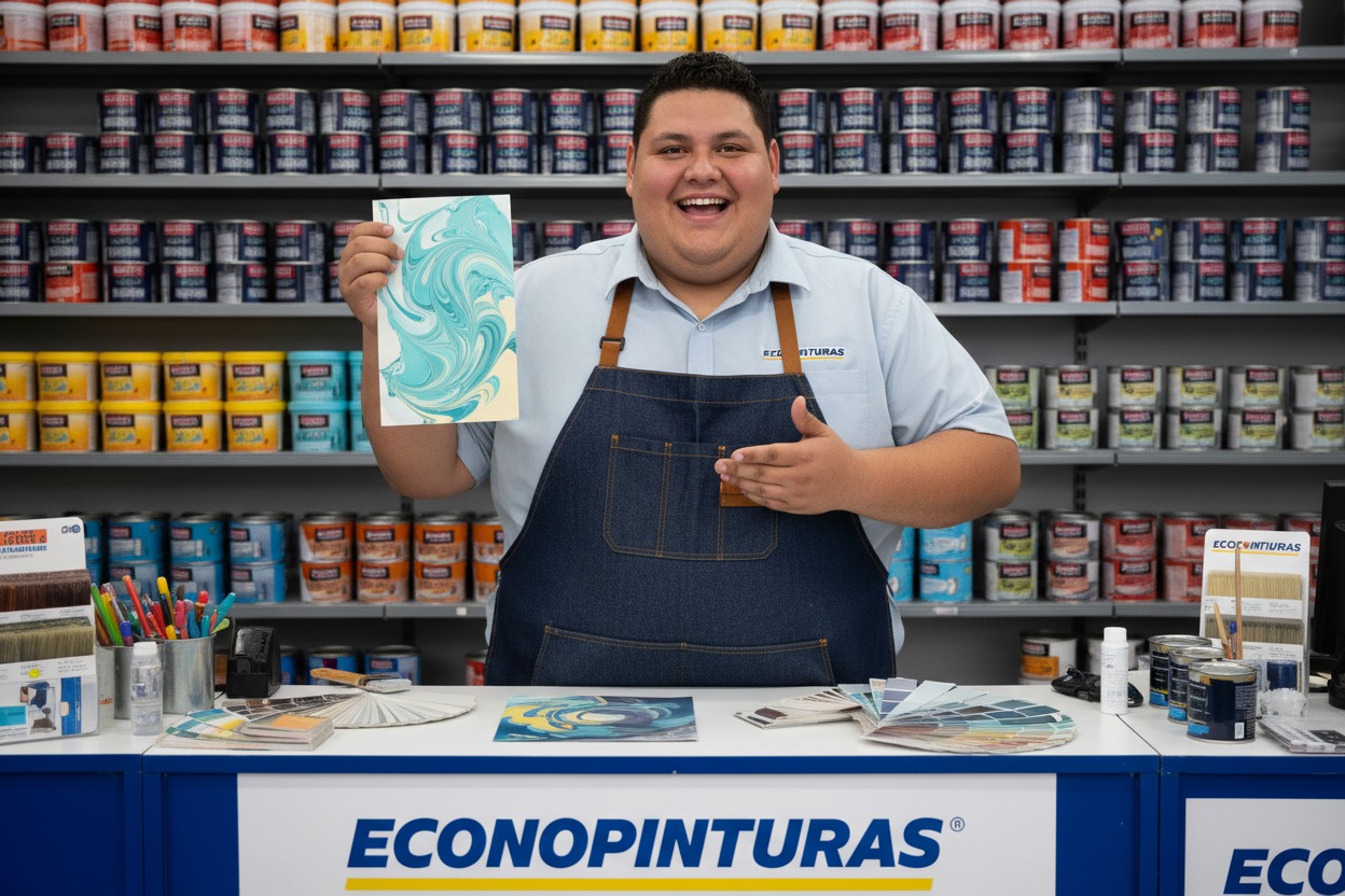 Un empleado de Econopinturas sonríe mientras sostiene una muestra de pintura con un diseño de remolinos azules frente a estanterías llenas de latas de pintura.